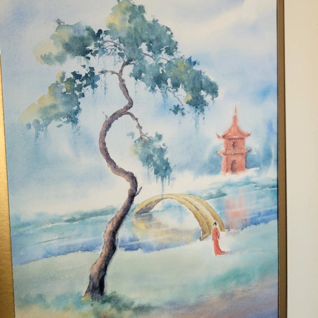 Vintage Serene Chinese Watercolor Painting - Gilt Bamboo Frame For Sale In Dallas - Image 6 of 12