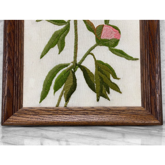 Mid-Century Modern Crewel Embroidery Stitched Pink Rose Floral Art Wall Hanging For Sale - Image 9 of 11