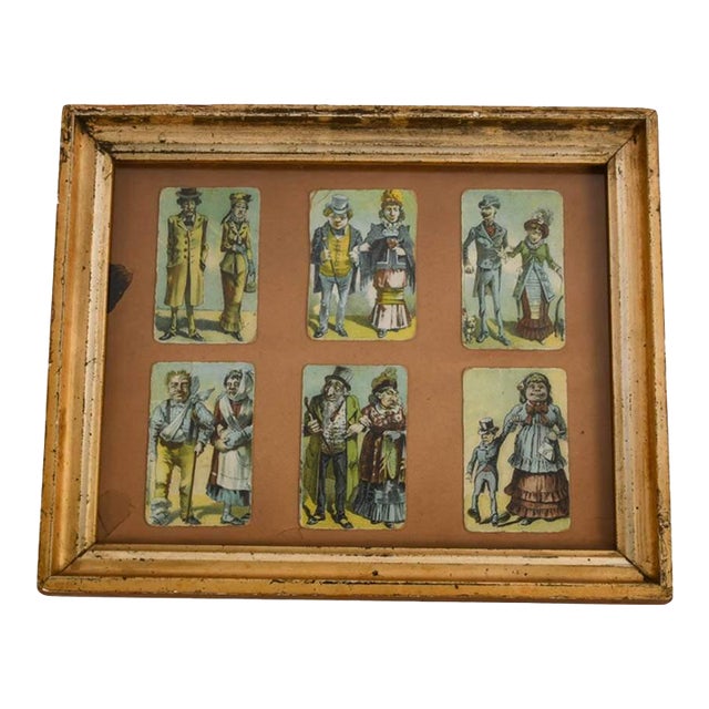 Framed Collection of Victorian Comical Odd Couples Trading Cards, Dated 1874 For Sale