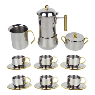 Mid 20th Century Italian Stainless Steel and Gold Espresso Demitasse Cups & Saucers With Moka Pot Serving Set by Inox- 15 Pieces For Sale