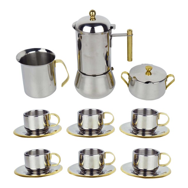 Mid 20th Century Italian Stainless Steel and Gold Espresso Demitasse Cups & Saucers With Moka Pot Serving Set by Inox- 15 Pieces For Sale
