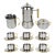 Mid 20th Century Italian Stainless Steel and Gold Espresso Demitasse Cups & Saucers With Moka Pot Serving Set by Inox- 15 Pieces For Sale