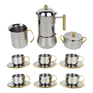 Mid 20th Century Italian Stainless Steel and Gold Espresso Demitasse Cups & Saucers With Moka Pot Serving Set by Inox- 15 Pieces