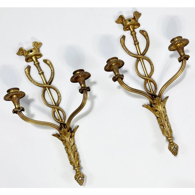 Vintage Caduceus Medical Symbol Brass Candle Wall Sconces, Pair For Sale - Image 4 of 6