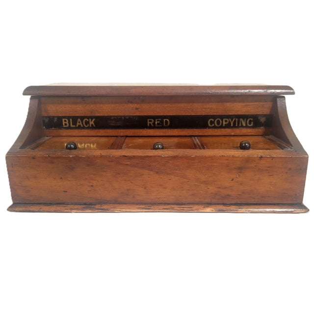 English English 19th C Mahogany & Reverse Painted Glass 3 Jar Desk Inkwell For Sale - Image 3 of 16