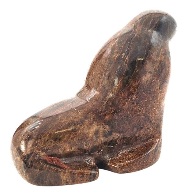 Brown Inuit Hand-Carved Granite Seal Sculpture – Signed Eskimo Folk Art From Alaska For Sale - Image 8 of 12
