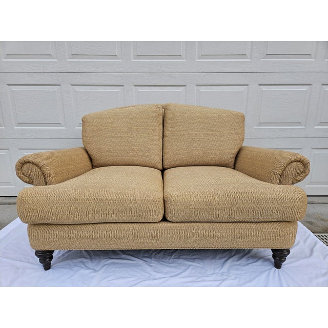 Ethan Allen Tan Rolled Arm Down Filled Loveseat For Sale - Image 9 of 17