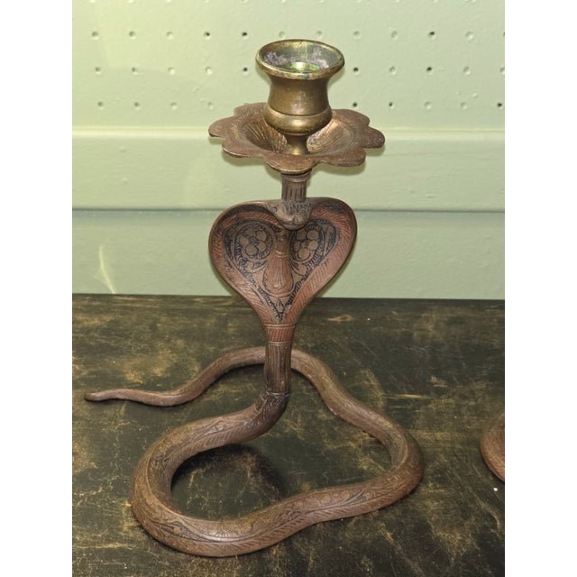 Mid 20th Century Brass Cobra Candlesticks- a Pair For Sale - Image 4 of 8