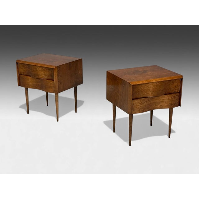 Edmund J Spence, Swedish Mid-Century Modern, Burled Maple, Rare "Wave" Nightstands, 1950s Swedish modern pair of...