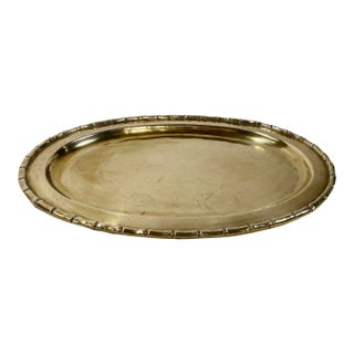 Vintage Oval Brass Faux Bamboo Edge Tray For Sale