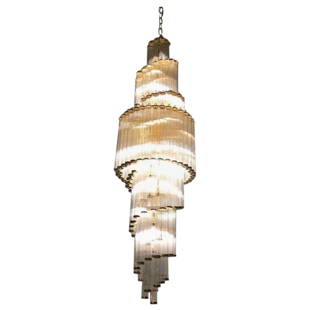 Italian Mid-Century Modern Double Waterfall Spiral Glass Chandelier For Sale
