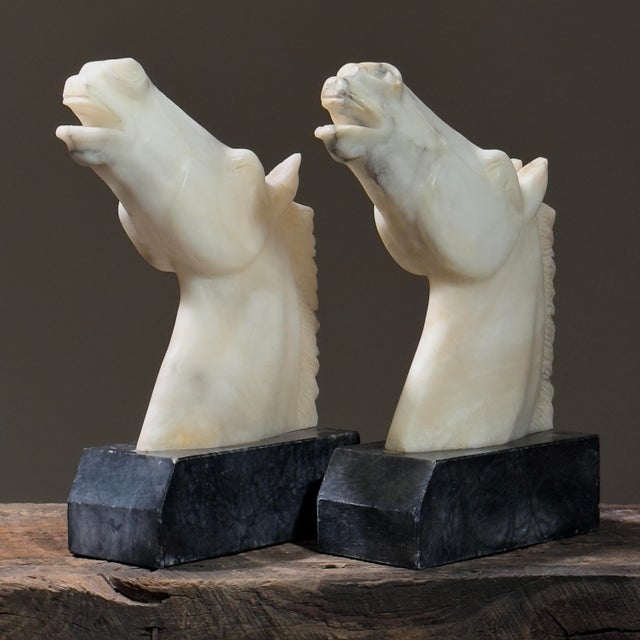 Art Deco Antique Large Italian Art Deco Hand Carved Alabaster Horse Head Bookends For Sale - Image 3 of 12