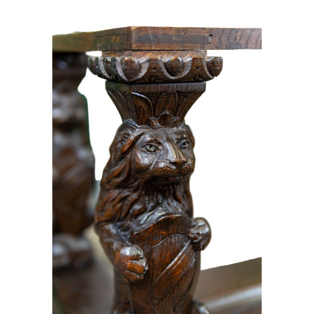 19th C English Oak Heraldic Hall Bench With Fortuny Upholstered Cushion For Sale - Image 12 of 17