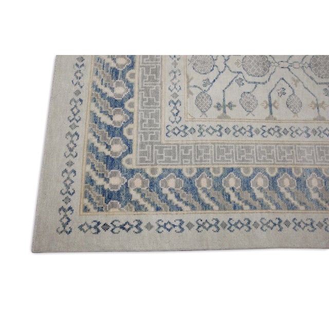 Modern Early 21st Century Cream & Blue Geometric Design Handwoven Wool Turkish Oushak Rug 12' X 14'6" For Sale - Image 3 of 8