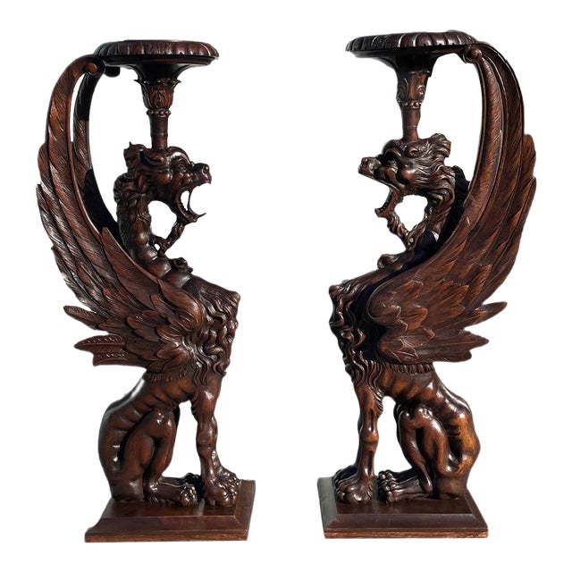 19th Century Rare Monumental Pair of Hand-Carved Griffin Pedestal Stands in Dark Wood For Sale
