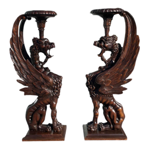 19th Century Rare Monumental Pair of Hand-Carved Griffin Pedestal Stands in Dark Wood