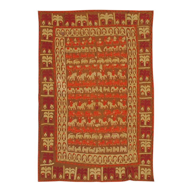 Antique Textile Tapestry With Elephant, Horses, People, Animals & Trees 4'11" X 7'4" For Sale