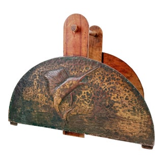 Vintage Handmade Wood & Hammered Copper Firewood Holder With Fish Motif | Rustic Cabin Lodge Log Carrier / Magazine Rack For Sale