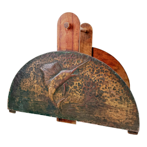 Vintage Handmade Wood & Hammered Copper Firewood Holder With Fish Motif | Rustic Cabin Lodge Log Carrier / Magazine Rack