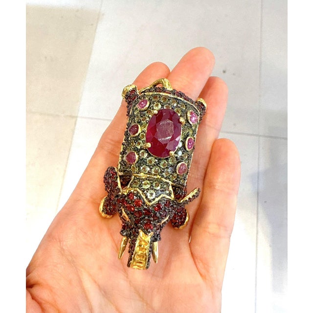 Bochic "Orient" Neoclassical Elephant Ruby & Sapphire Ring Set 18K Gold & Silver For Sale - Image 12 of 12