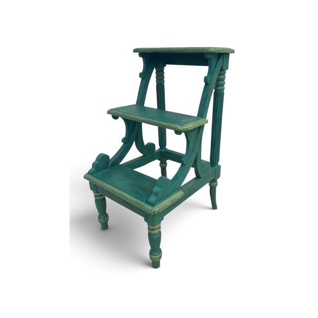 Tuscany Italian Country Carved &Amp; Distressed Green Painted Wood 3-Step Library Ladder For Sale - Image 11 of 11