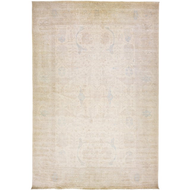 Beige Modern Handmade Oushak Style Wool Rug With Beige Field For Sale - Image 8 of 8