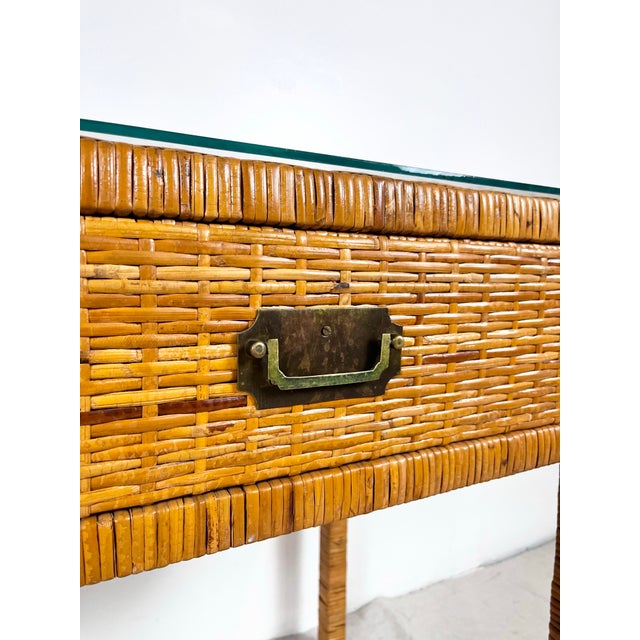 Vintage Woven Caning Wrapped Rattan Campaign Console Table Desk For Sale - Image 12 of 12