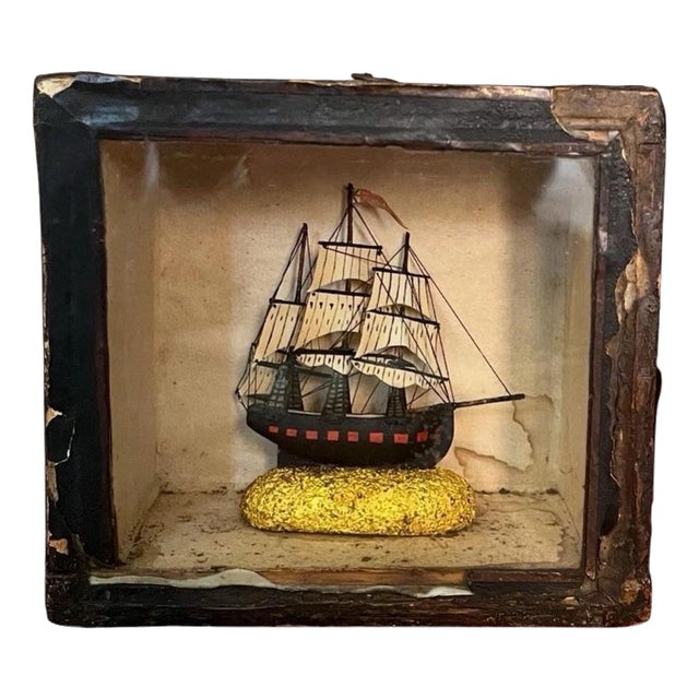 Early 19th Century Folk Art Painted Ship Diorama in Display Case, 1820 For Sale