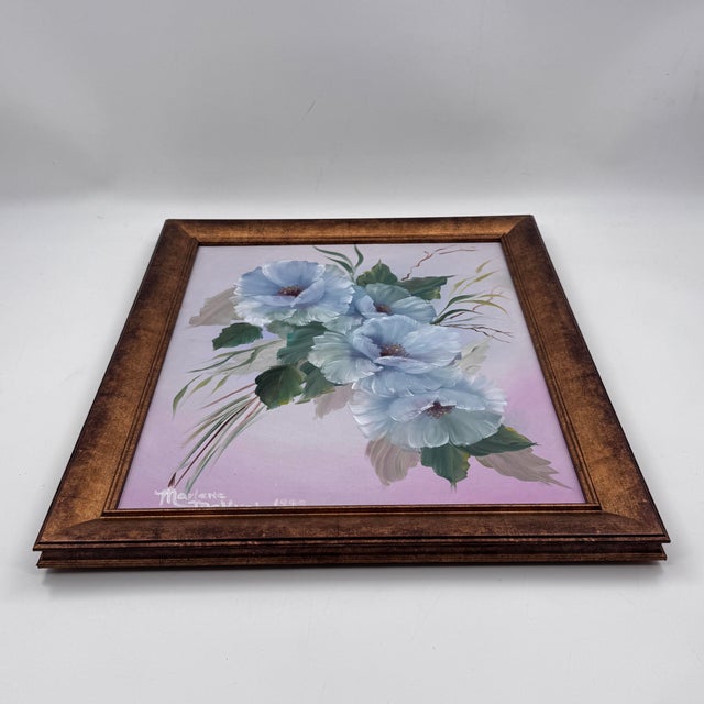 Vintage Original Blue Hibiscus Floral Painting For Sale - Image 4 of 10