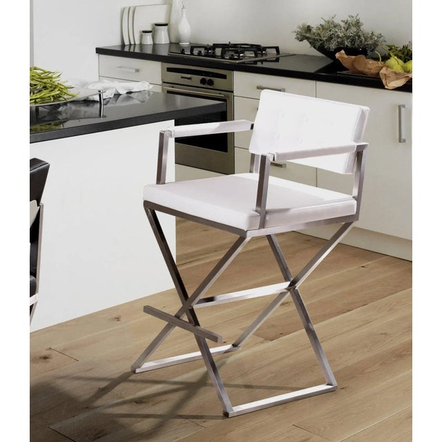 Director White Vegan Leather & Steel Bar Stool For Sale - Image 10 of 11