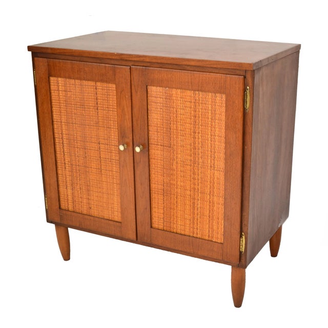 1950s Mid-Century Modern 2 Woven Cane Doors Wood Cabinet Brass Knobs American For Sale - Image 12 of 13