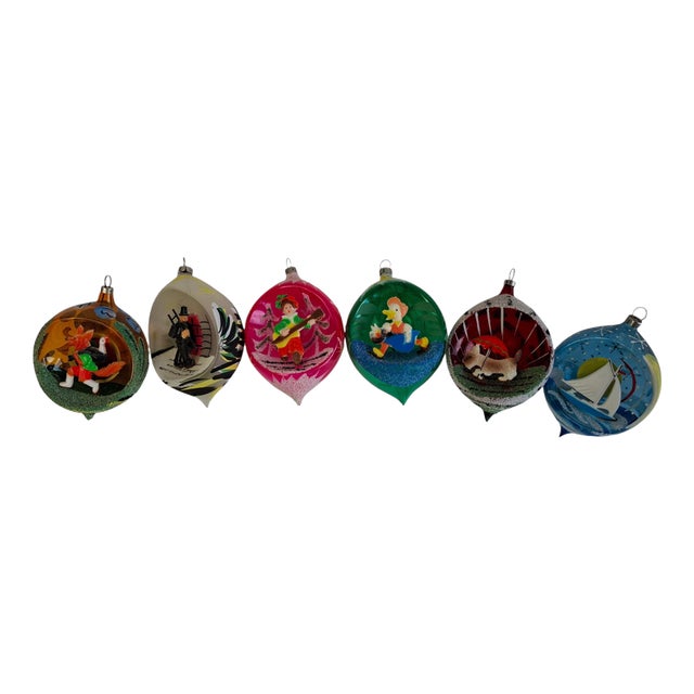 Vintage Czechoslovakian Glass Christmas Diorama Ornaments, 1960, Set of 6 For Sale