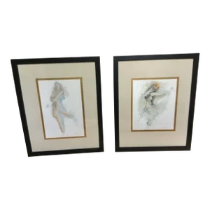 Pair of John Whitney Figurative Signed Pencil and Watercolor Drawings