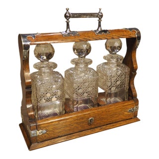 19th Century 3-Bottle English Oak and Silver Plated Locking Decanter Set For Sale