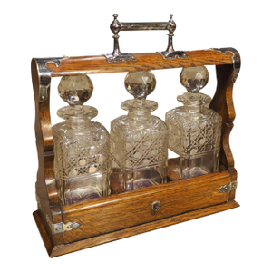 19th Century 3-Bottle English Oak and Silver Plated Locking Decanter Set