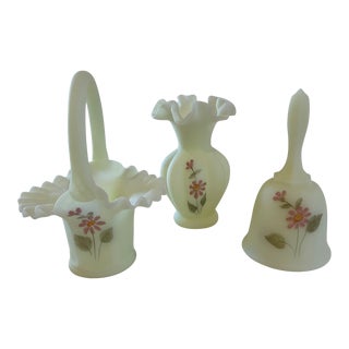 1970s Fenton for Tiara Exclusives Iced Pink Daisies Bell, Vase, Basket- 3 Pieces For Sale