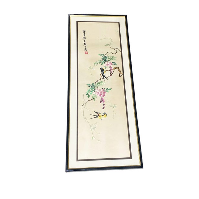 Vintage hand made Chinese Silk embroidery with Birds and flowers over a beige silk background signed on the top with...