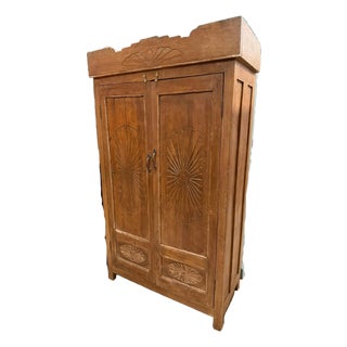 Antique Indian Hand-Carved Wooden Armoire | Rustic Sunburst Farmhouse Storage Cabinet 62x38 For Sale