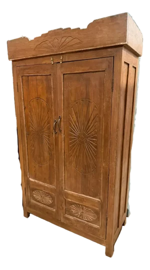 Antique Indian Hand-Carved Wooden Armoire | Rustic Sunburst Farmhouse Storage Cabinet 62x38