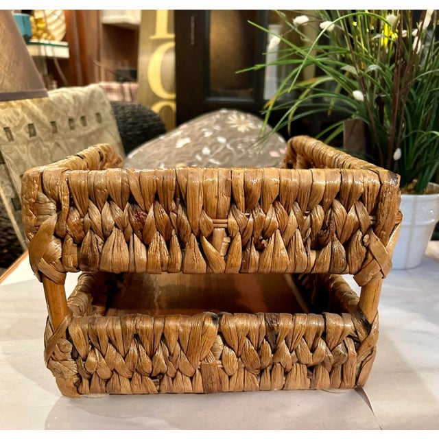 70's rattan and banana leaf 2 tier paper holder. Nice condition with little use. Nice organization desk accent. 7 inches...