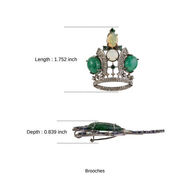 Vintage Neo-Victorian Art Inspired Natural Emerald Opal Tiara Crown Brooch Pendant in Silver For Sale - Image 11 of 13