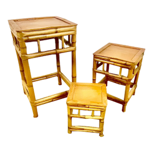 Mid-Century Boho Chic Coastal Bamboo Plant Stands - Set of 3