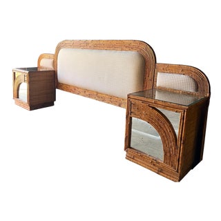 Vintage Bamboo Double Bed Headboard with Attached Mirrored Bedside Tables For Sale