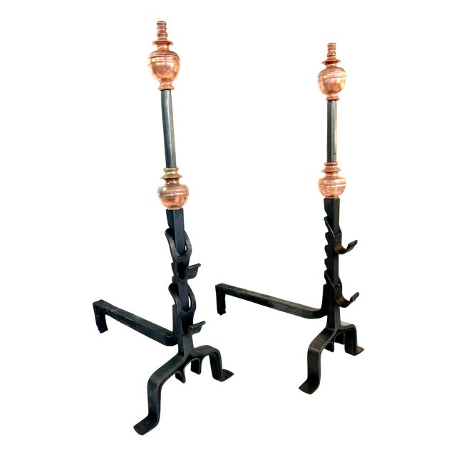 Large 18th Century Castle Landiers Monogrammed Andirons in Burgundy, Set of 2 For Sale