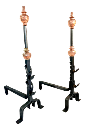 Large 18th Century Castle Landiers Monogrammed Andirons in Burgundy, Set of 2