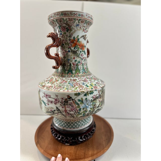 Ivory Large 18" Chinese Famille Rose Porcelain Vase With Dragon Handles & Peacocks For Sale - Image 8 of 12