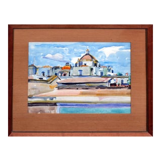 Mid Century Mexico Cathedral Watercolor Landscape by Eugenia Frances Baker McComas For Sale