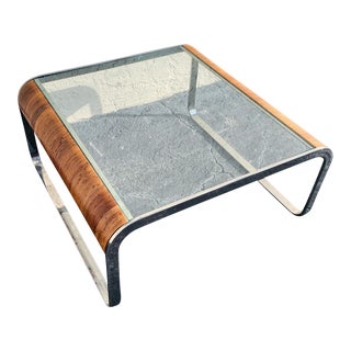 1970s Midcentury Chrome & Rattan Coffee Table For Sale
