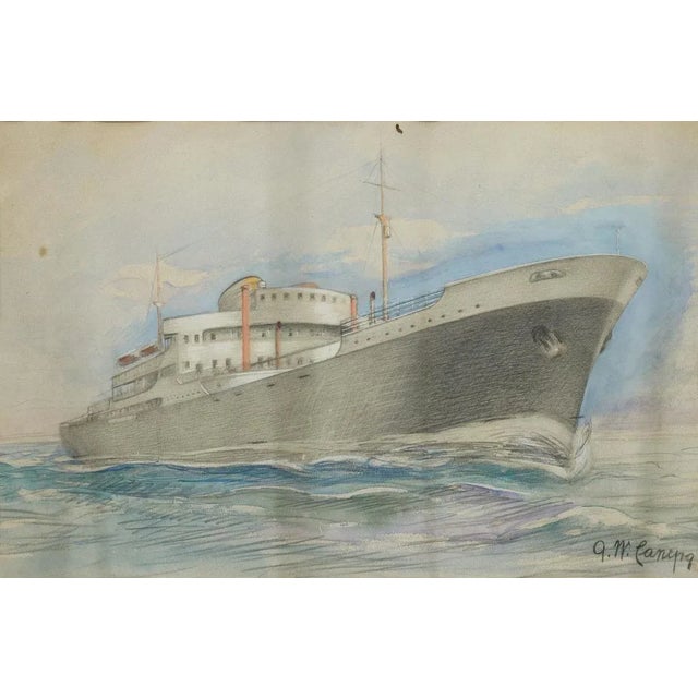 Ocean Liner, signed lower right G.W. Canepa. Framed charcoal drawing with watercolor and gouache highlights on paper....