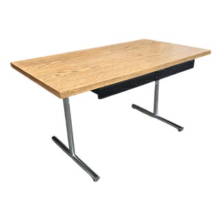 Vintage Mid-Century Modern Oak Writing Desk With Black Drawers & Chrome Base For Sale